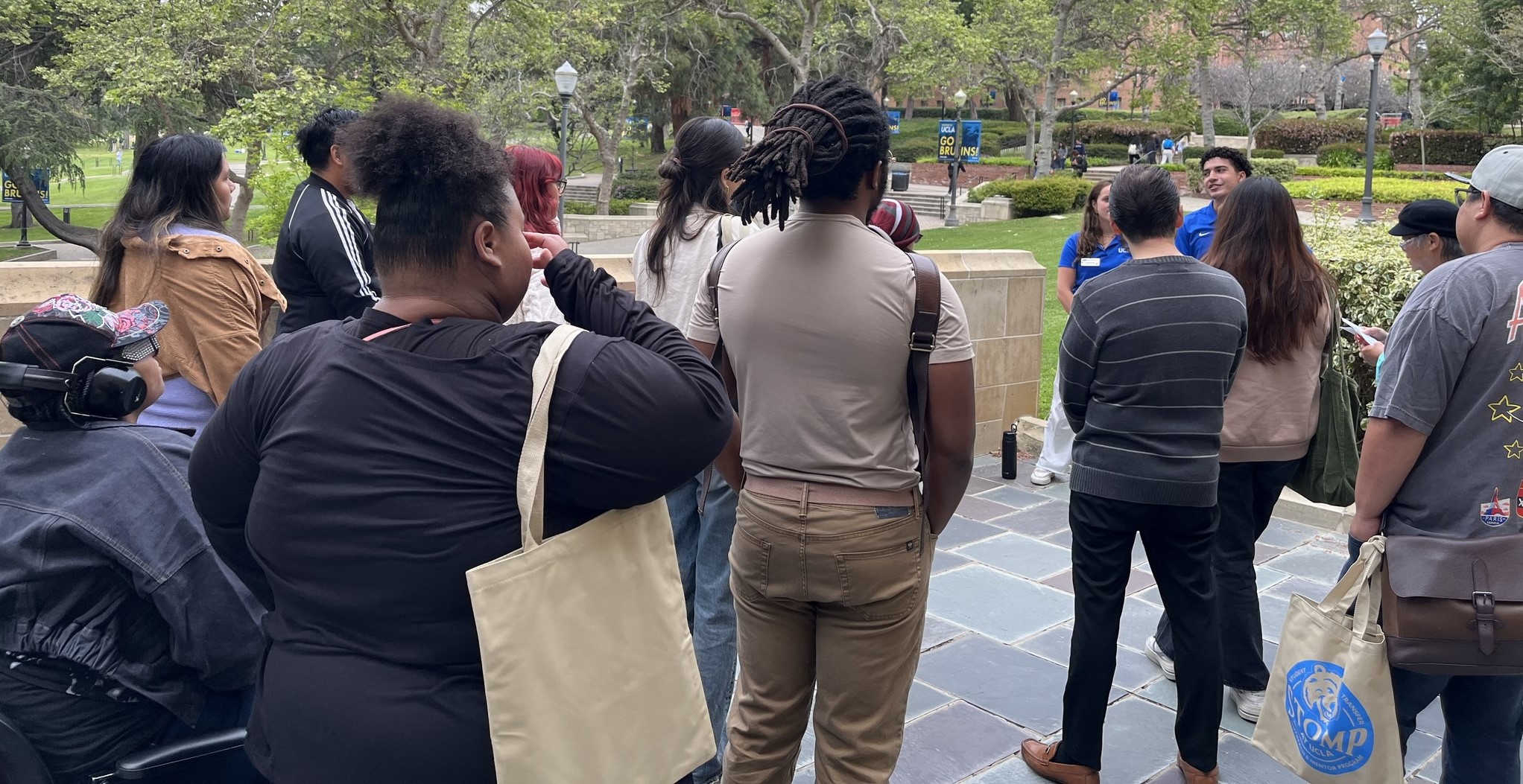 Students listening to UCLA campus tour guides.