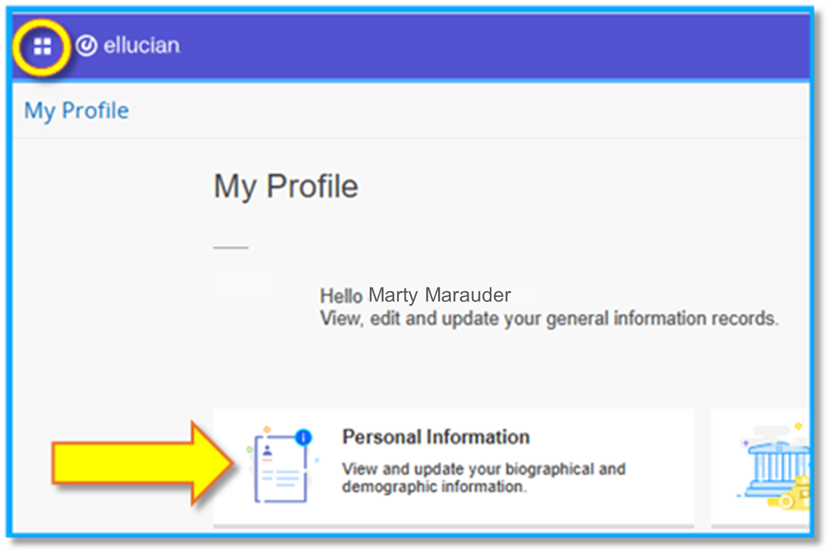 Screenshot of the upper left portion of the General Self-Service landing page. The 4 square navigation menu is identified in the upper left corner with a yellow circle. The Personal Information tile is identified near the bottom of the screenshot with a yellow arrow pointing rightward toward it.