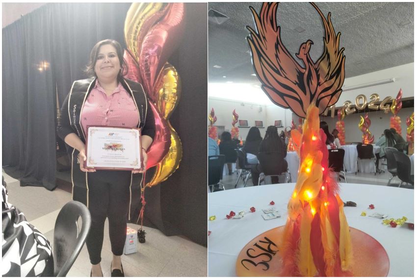 Student Kim Reales with recognition certificate. Phoenix decoration. 