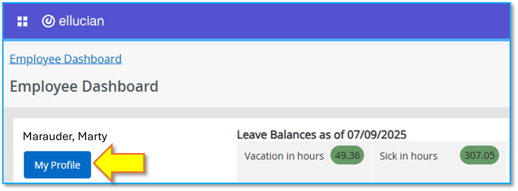 Screenshot of the upper left of the Employee Self-Service Dashboard with a yellow arrow pointing leftward toward the My Profile button.