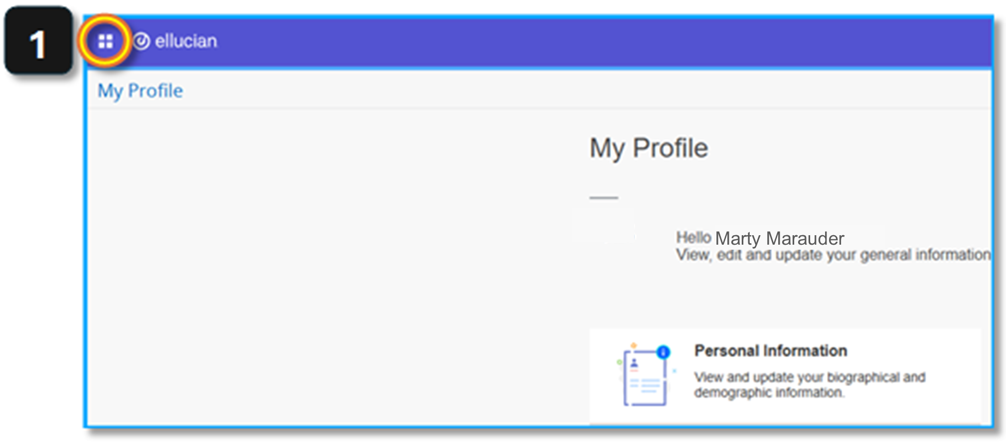 Screenshot of the upper left corner of the General Self-Service page. A small white logo made up of a 2 by 2 grid of white squares is circled in yellow to indicate where to find the menu. To the left of the screenshot there is a black box with a white 1 in it indicating this is the first step in a set of instructions.
