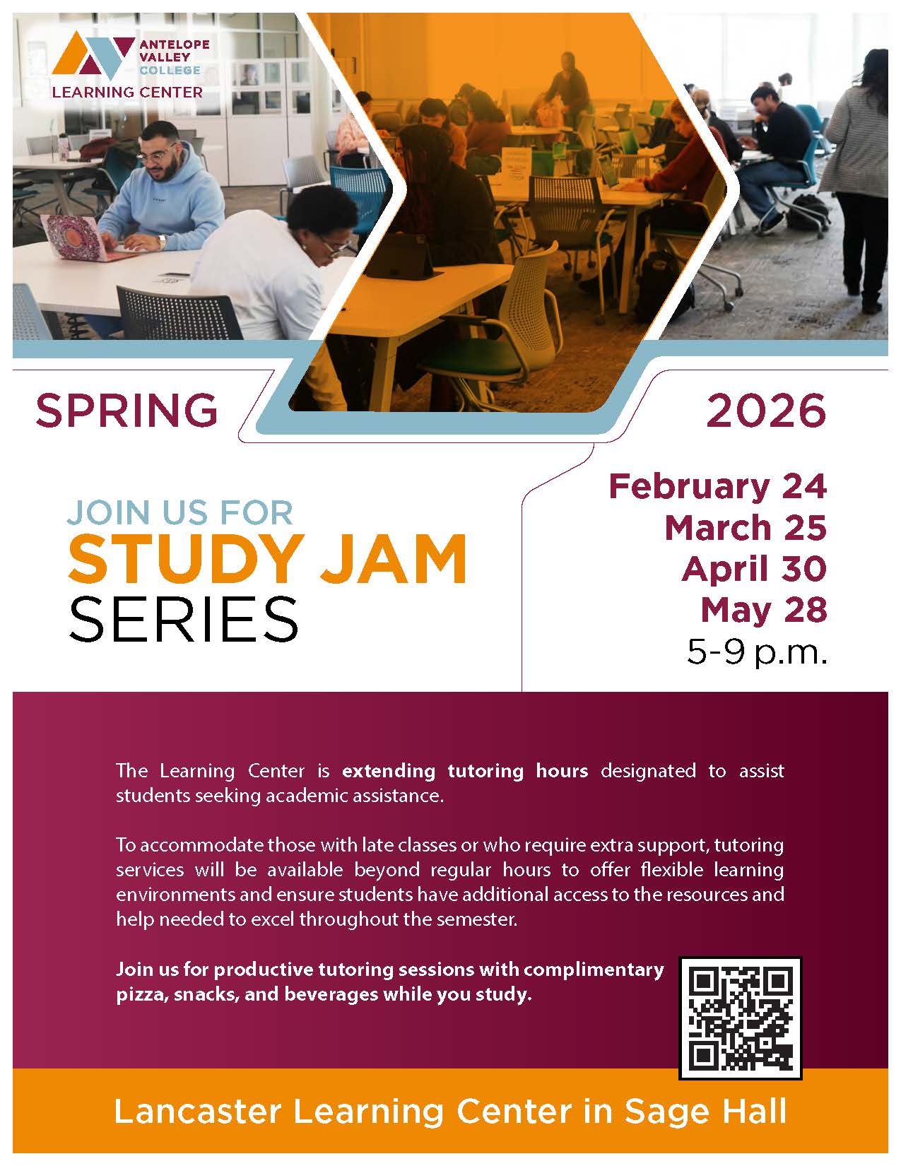 Study Jam Series. Dates: February 24, March 25th, April 30th, May 28th. Time: 5PM-9PM. Location: Sage Hall
