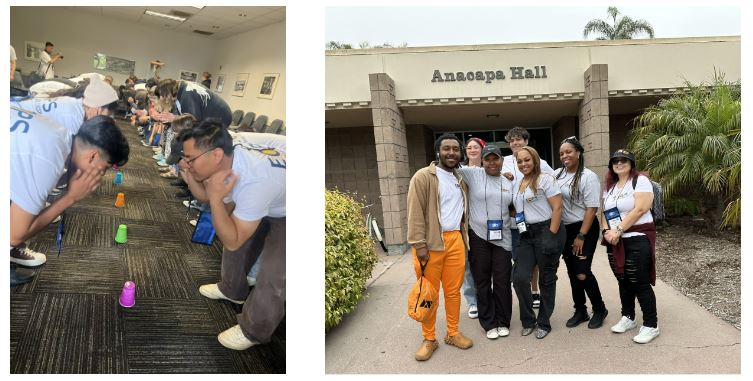 Students discussing CSU Santa Barbara. 