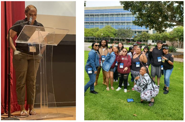 Students discussing CSU Santa Barbara. Andrea Brown speaking.