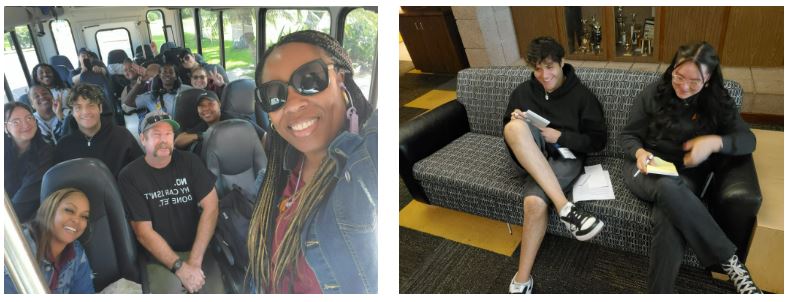 Students discussing CSU Santa Barbara. 